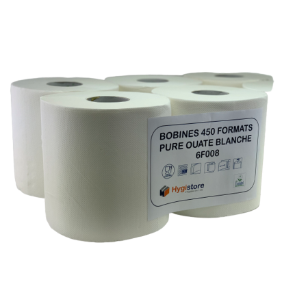 Bobine d'essuie-mains blanche pure ouate de cellulose très résistante avec  grande capacité d'absorption 450 feuilles - paquet de 6