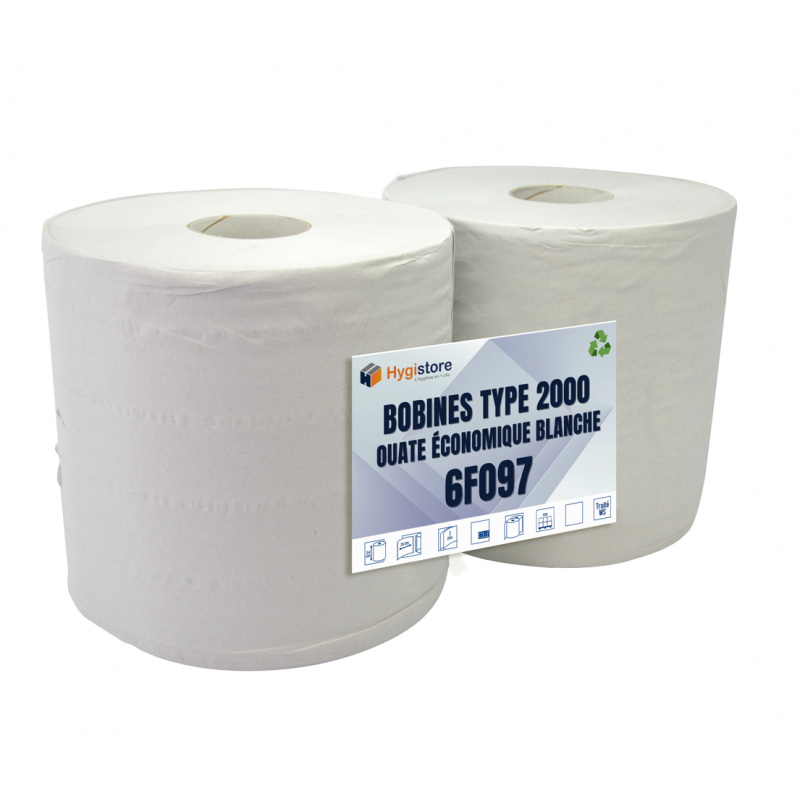 Bobines d'essuyage 2000 formats (2x1000) blanche économique papier lisse.